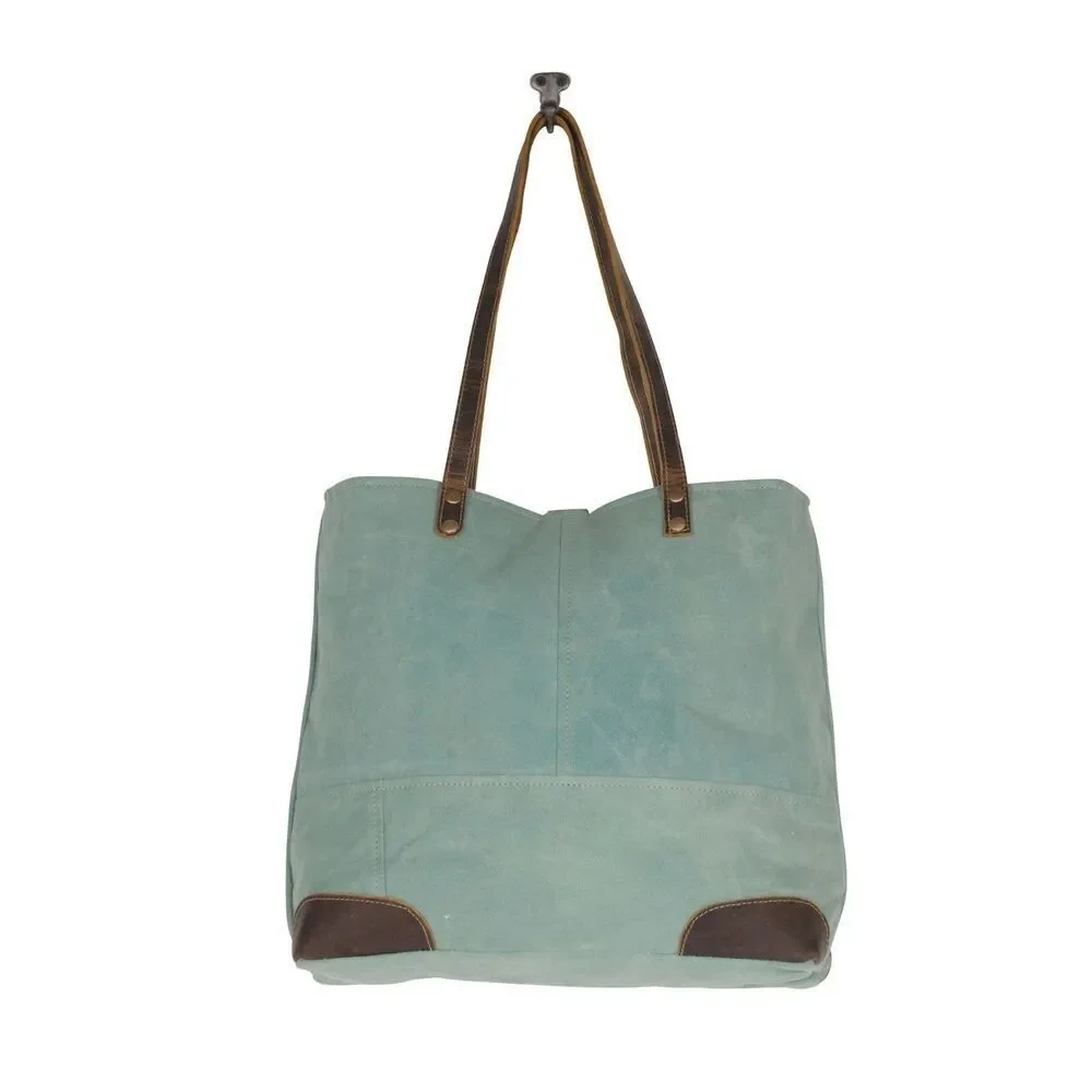 Myra Bag Handmade Astra Tote Bag Upcycled Canvas & Cowhide Leather